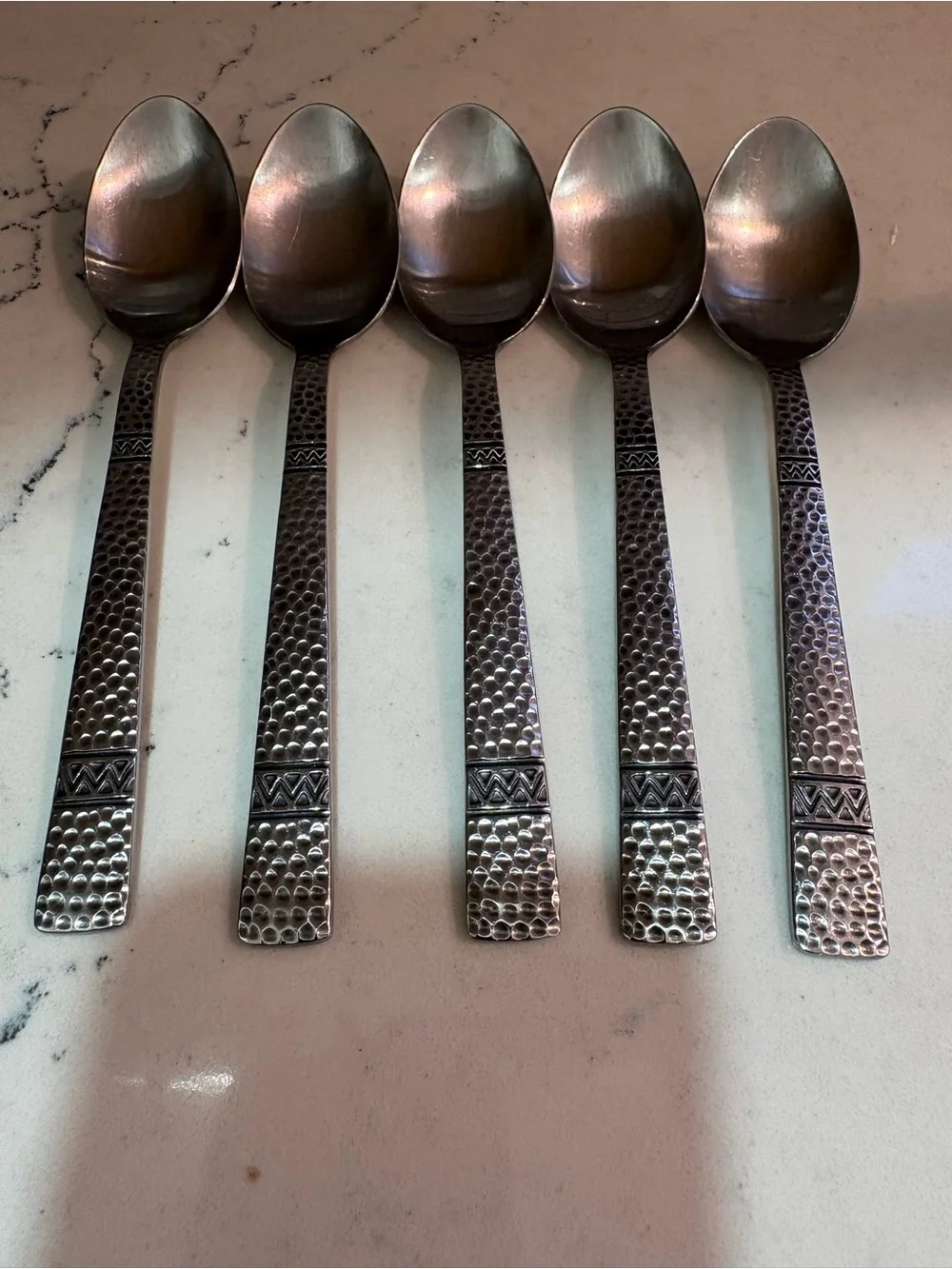 Churchill Silver Co Stainless Flatware 5 Spoons Hammered Geometric Chevron Vtg.
